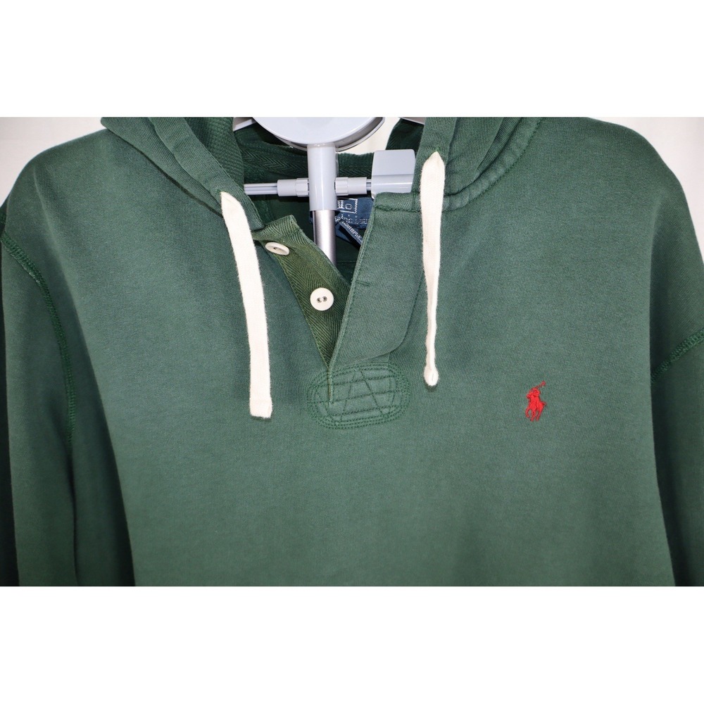 Vintage 90s Polo Ralph Lauren Hoodie Mens 2XL Green Henley Button Pullover - Picture 2 of 12